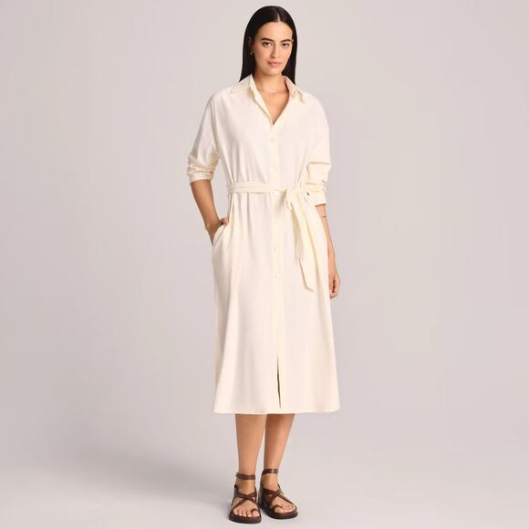 Vitamin A NWT Twill Midi Cover Up Dress Cream Belted Size L Shirt Cotton Natural - Picture 1 of 13